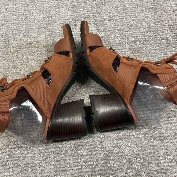 Sorel Sandals Women's 7.5 Nadia Teak Brown Orange Suede Lace Block Heel - Picture 7 of 10